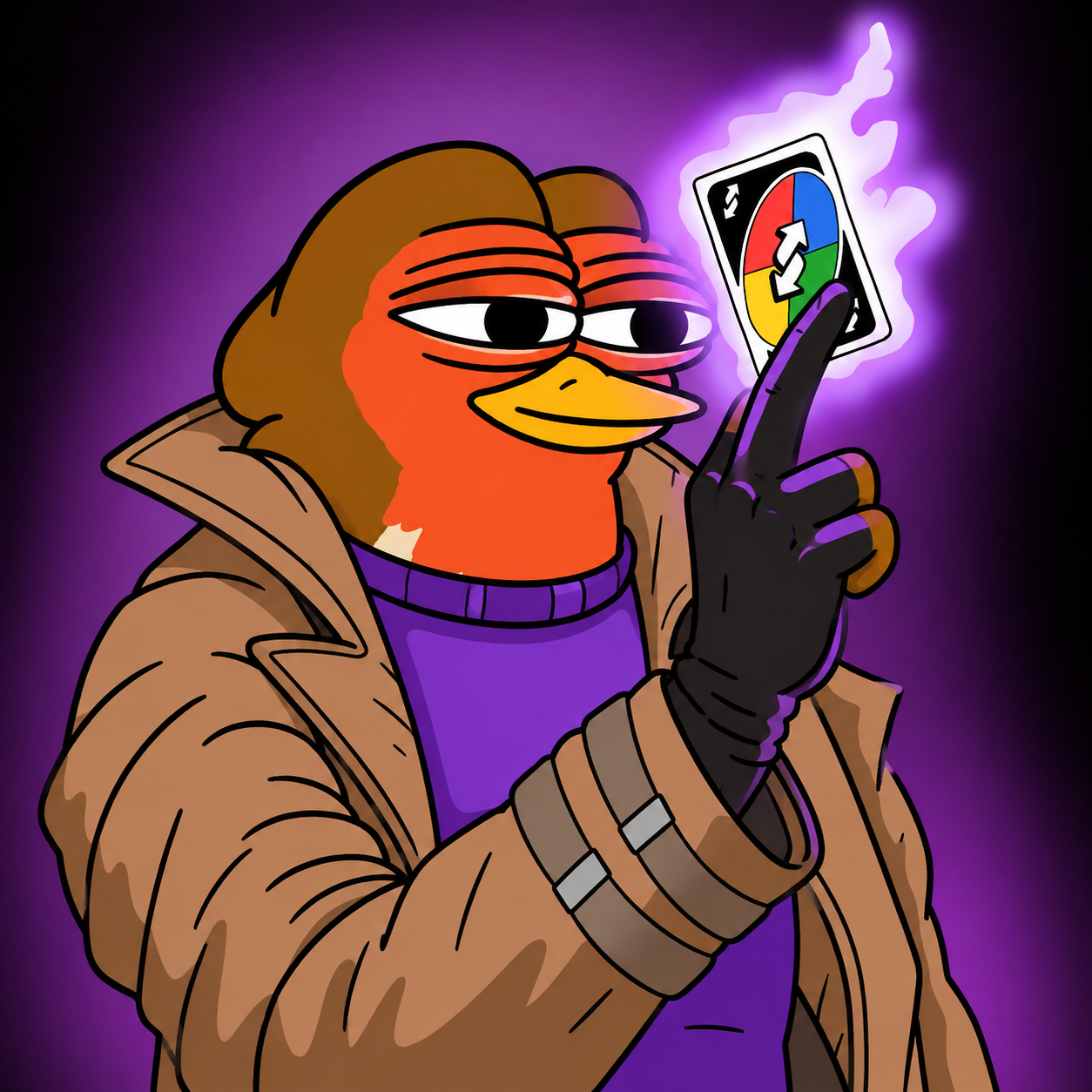 Robino playing a reverse card with purple flames