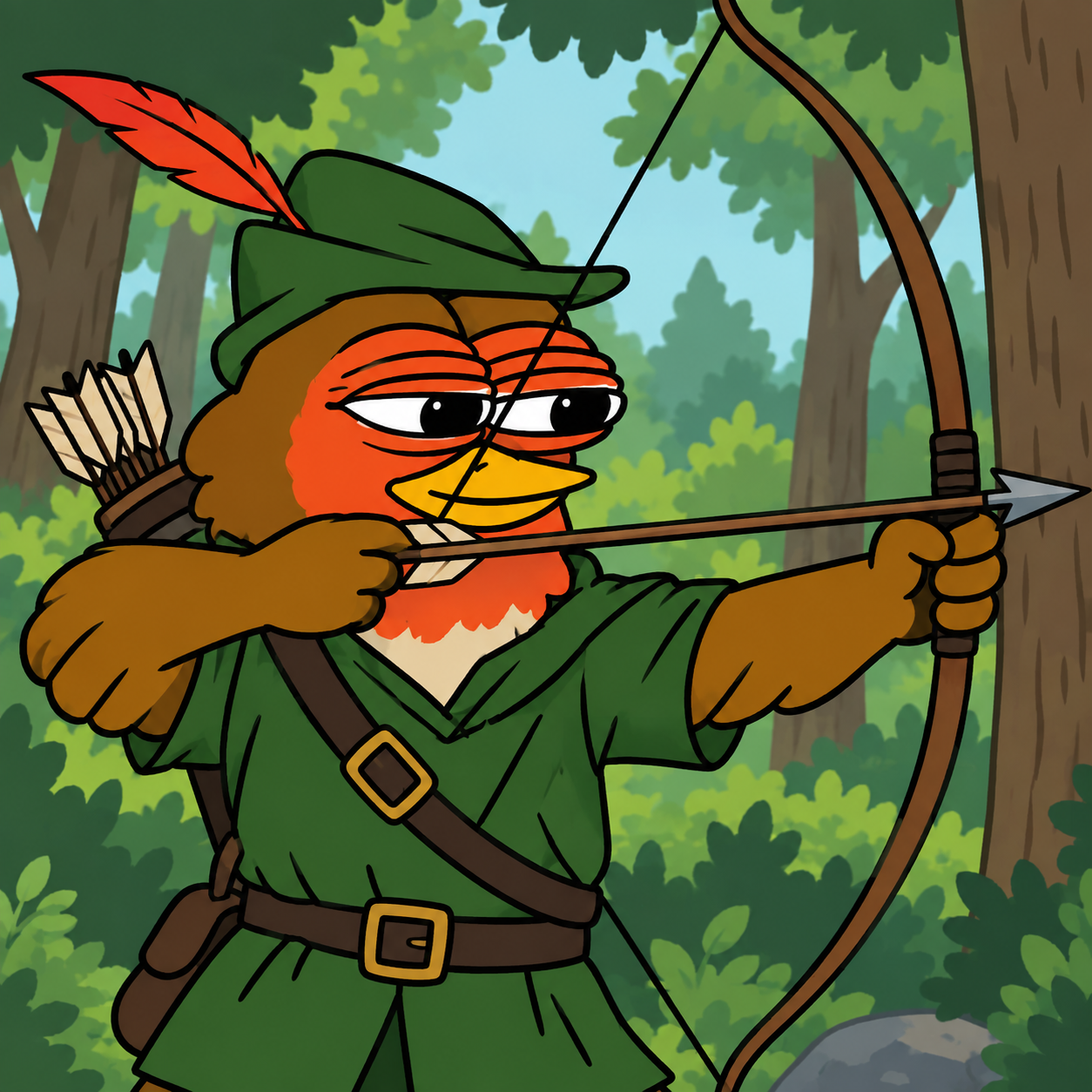 Robino in a Robin Hood outfit aiming a bow