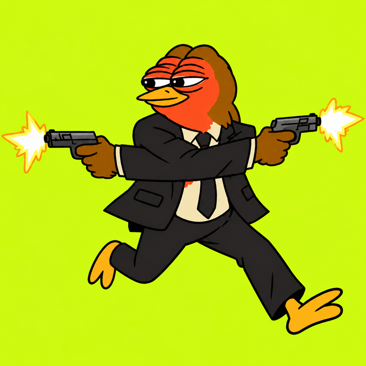 Robino in a black suit dual-wielding pistols