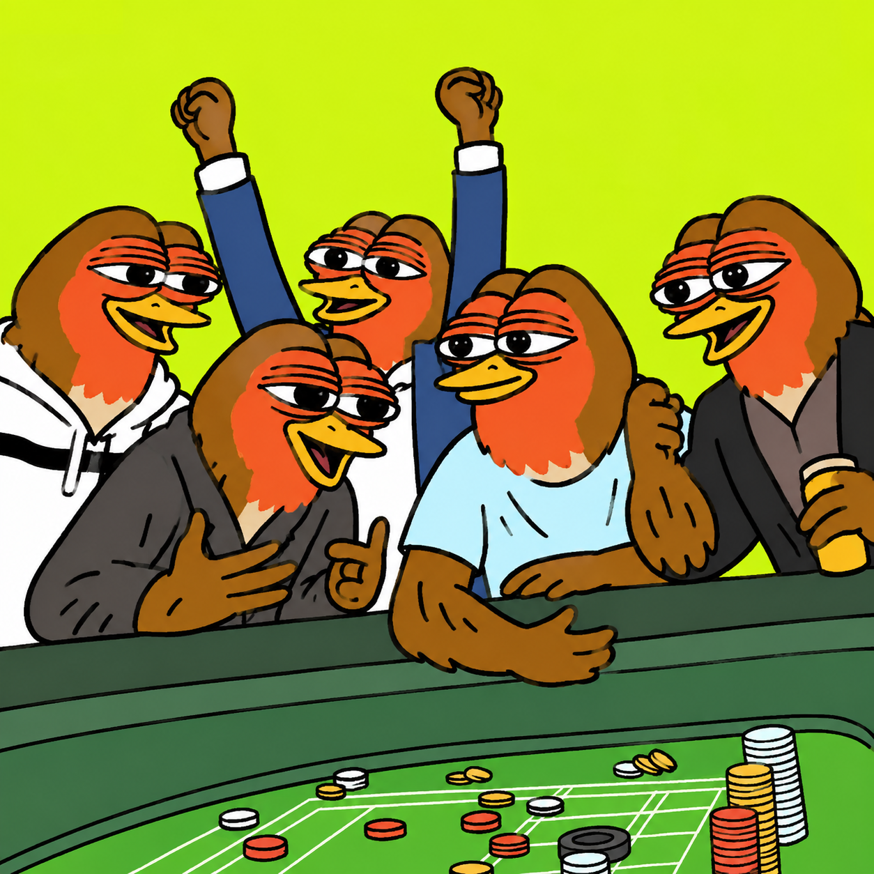 Robino and the flock gathered around a trading table