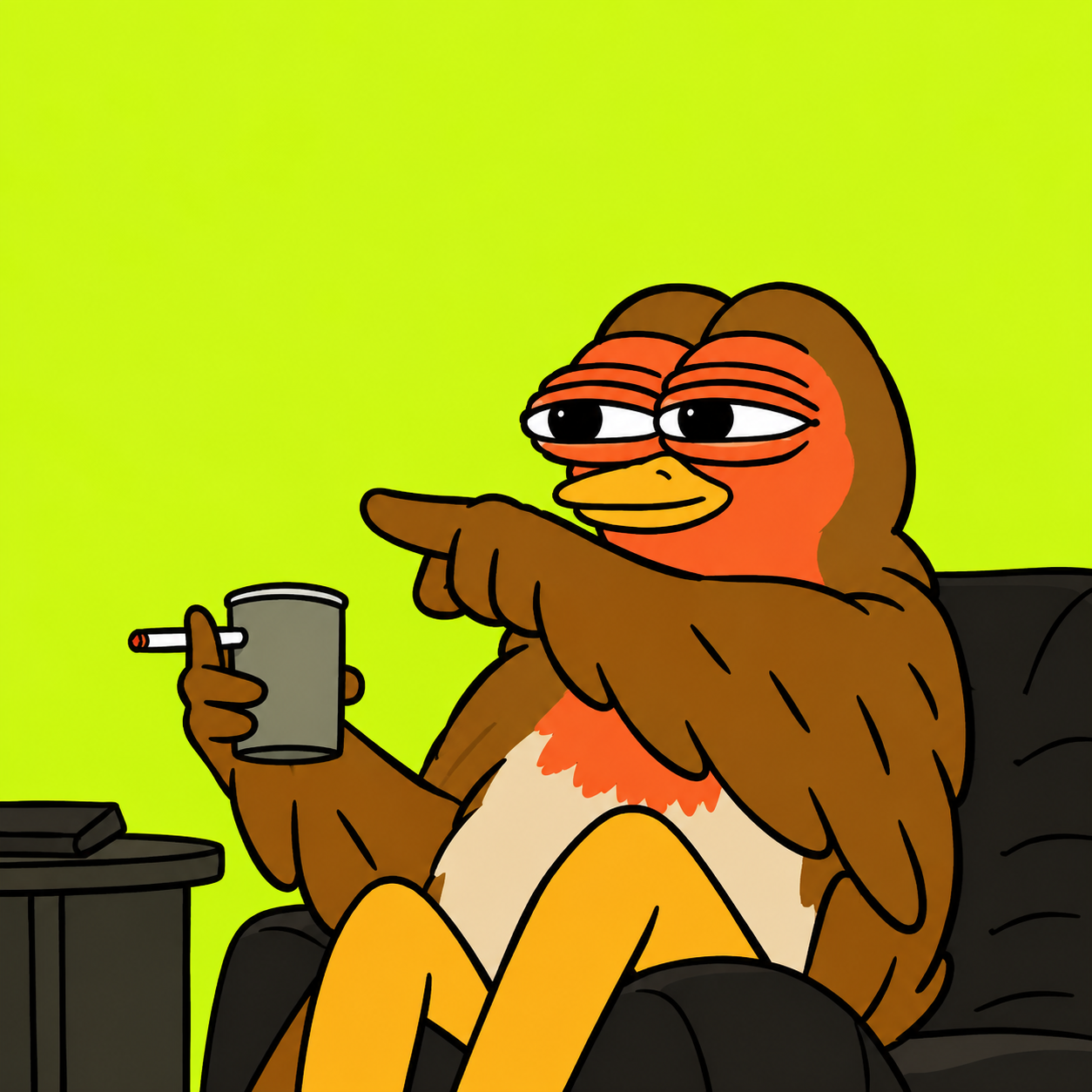 Robino pointing from the couch with a drink