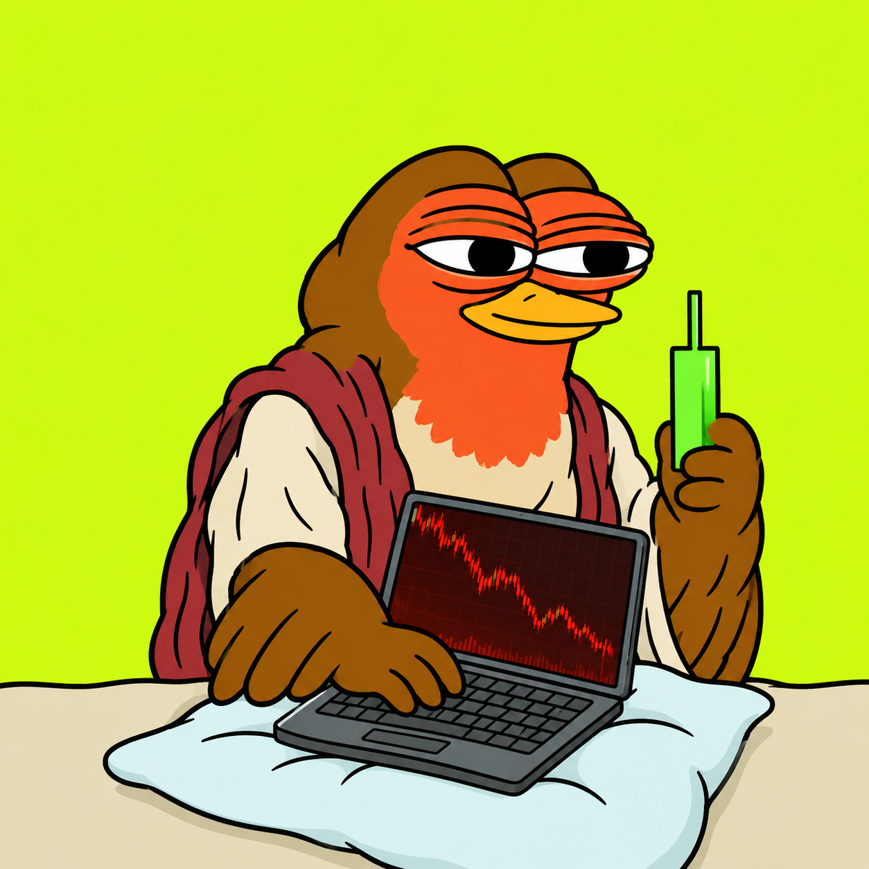 Robino holding a green candle over a red chart